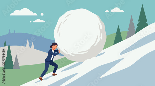 Exhausted businesswoman pushing an enormous snowball up a steep snowy hill, visual metaphor for workload, burnout, persistence, mounting pressure and career challenge vector illustration