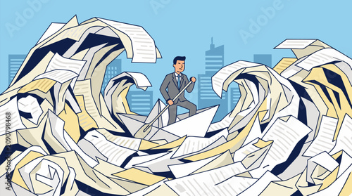 Determined executive navigates a paper boat through towering waves of crumpled documents, contracts and reports, bold business crisis management metaphor vector illustration for finance overload