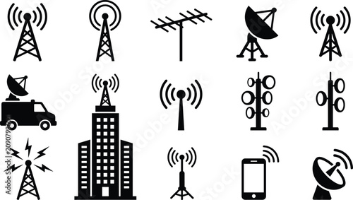 Telecommunication Tower and Antenna Black Silhouette Icon Set Featuring Satellite Dishes Broadcast Trucks Building Transmitters and Mobile Signal Symbols for Media.