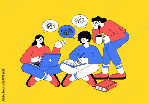 Students studying together with books and laptop on knowledge day flat illustration