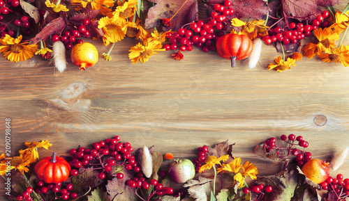 Autumn background. Border with seasonal autumnal berries, pumpkins, apples and flowers on the wooden background, free space for text, suitable for Thanksgiving day