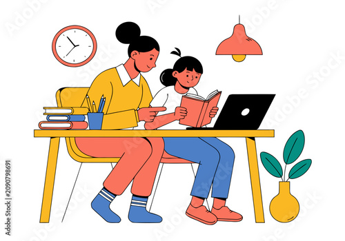 Mother helping daughter with homework at desk using laptop and book at home flat illustration
