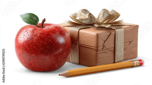 Red Apple with Gift Box and Pencil Isolated on White Background Realistic Style