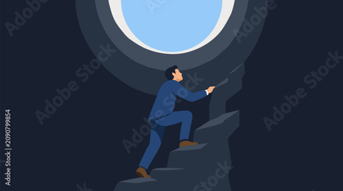 Determined businessman climbing jagged steps from a deep dark pit toward a bright circular opening, dramatic vector metaphor for ambition, resilience, career recovery and business success