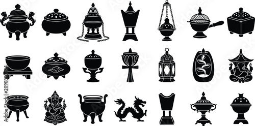 Schilderij op canvas Traditional Incense Burners and Cultural Ritual Vessels Silhouette Vector Icons