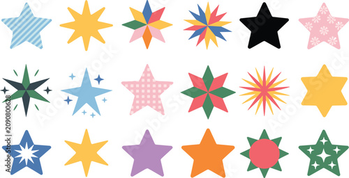 фотографія Colorful Whimsical Star Clipart Set with Pastel Sparkles and Geometric Sunburst