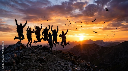 Group of friends jumping for joy on a mountain peak at sunset.