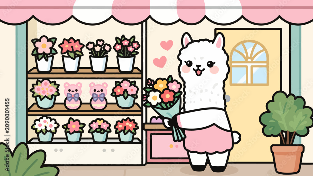 Fototapeta premium A cute white alpaca holding a bouquet of flowers in front of a charming flower shop with potted plants and decorative bears vector