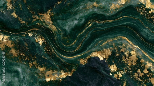 A luxurious dark emerald green marble surface adorned with intricate golden leaf patterns and flowing natural veining