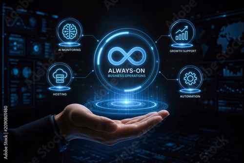 Always-on business operations concept hand presenting continuous AI monitoring hosting growth support automation persistent automated management for entrepreneurs futuristic tech environment
