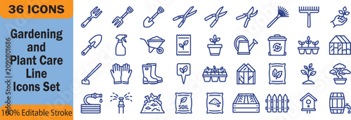 Photos Gardening and Plant Care Line Icons Set – Editable Stroke Garden Tools, Greenhou