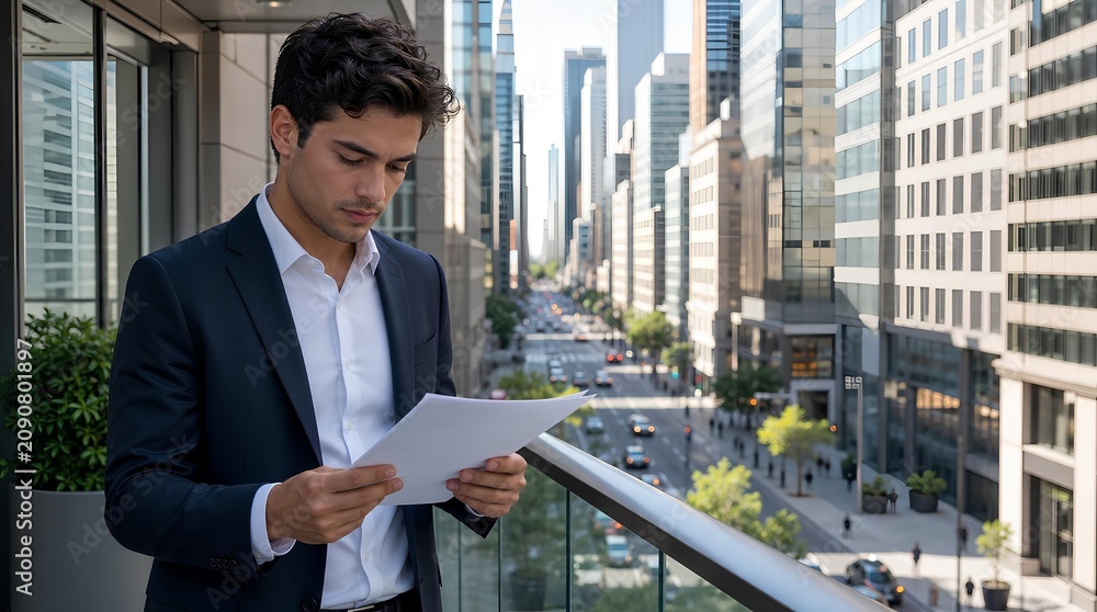 Fototapeta premium Focused young businessman in a navy suit reviewing documents on a glass balcony above a bustling downtown avenue, modern office towers, career decisions, and urban professionalism today