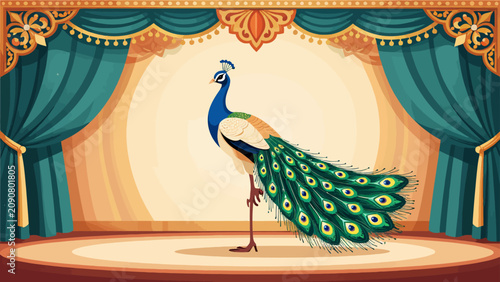 Φωτογραφία Vector of majestic peacock standing on stage with elaborate curtains and vibrant