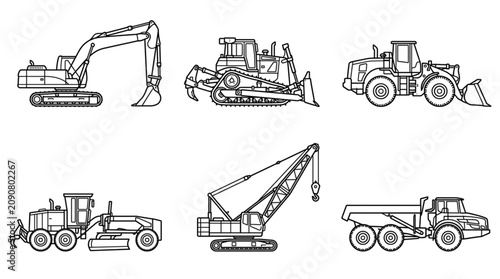 Fotografía Set of Six Heavy Construction Machines Outline Vector Icons Isolated on White Ba