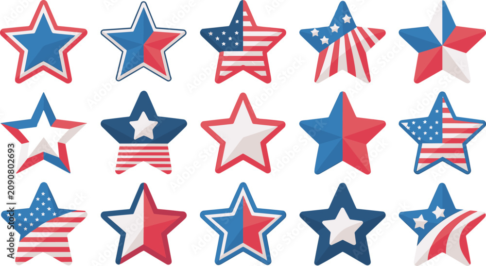 Fototapeta premium Patriotic American Flag Star Icon Set with United States Independence Day Memorial Day and 4th of July Celebration Symbols