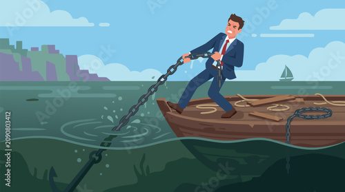 Determined executive on wooden boat hauling a massive anchor chain from dark water, vivid vector business metaphor for overcoming debt, risk, burden, crisis, resilience and leadership challenge