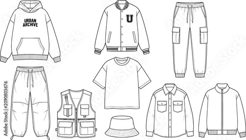 Men streetwear and urban fashion technical sketch set including hoodie varsity jacket cargo pants and vest