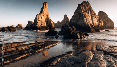 Golden hour seascape with towering sea stacks, dark volcanic rocks, tidal pools and glowing reflections as ocean waves surround a dramatic rugged coastline in warm evening light at sunset