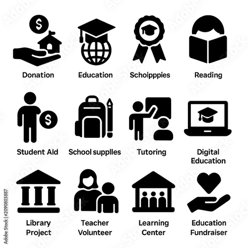 Vector center volunteer tutoring icon learning supplies support student scholarship icons education
