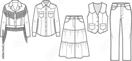 Obraz na płótnie Western style fashion clothing collection fashion flat technical sketches vector