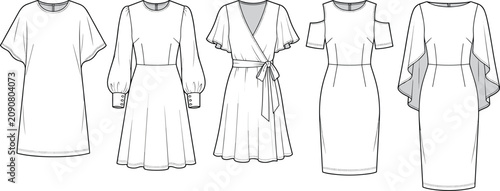 Fotografía Women dresses vector technical flat sketches collection including wrap dress tun