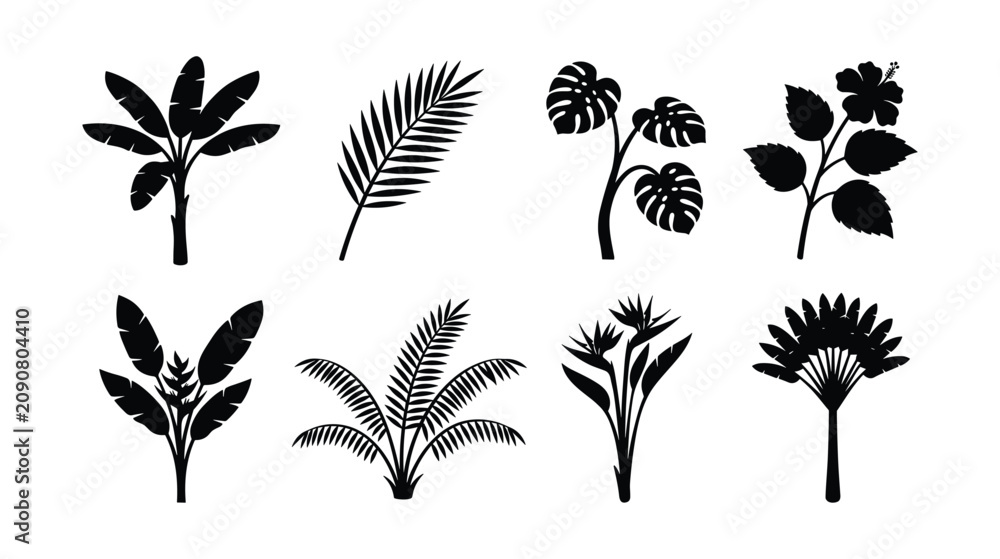 Fototapeta premium Tropical jungle tree and palm silhouette vector set isolated on white background. Black exotic botanical icons of banana plants, monstera stems, hibiscus, and bird of paradise flowers.