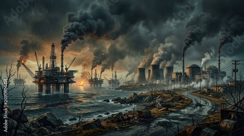 Industrial pollution scene with oil rigs and power plants.