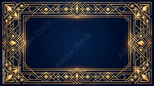 Sophisticated luxury Art Deco border frame with intricate gold geometric lines and glowing light accents on a deep navy blue background. Ideal for premium designs.