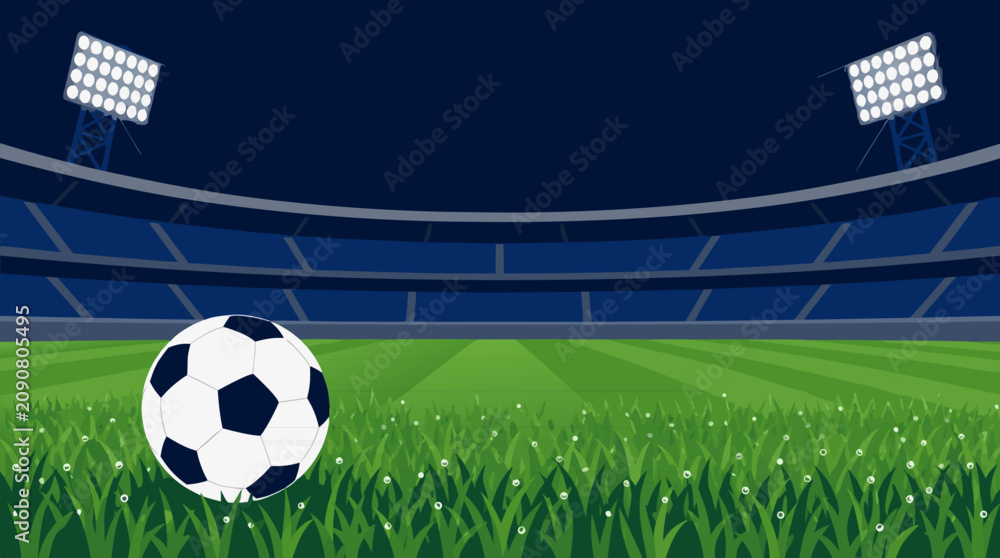 Naklejka premium Soccer ball on dewy grass in an empty floodlit stadium at night, dramatic vector sports background with bright arena lights, green field, anticipation, championship energy, and matchday atmosphere