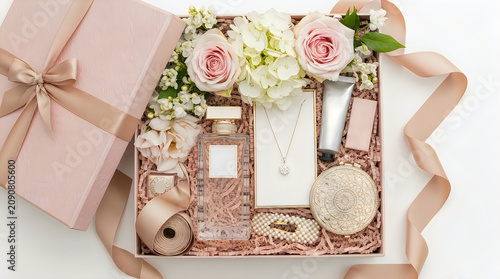 Luxury gift box with perfume jewelry and floral arrangement