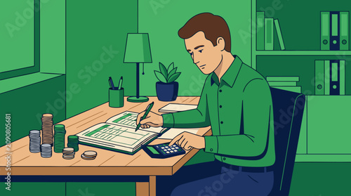 Meticulous male accountant in green shirt precisely balancing financial books with calculator and stacked coin piles on wooden office desk, focused expression, professional green and navy color