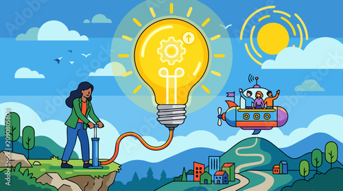 Visionary entrepreneur inflating a giant glowing lightbulb balloon to lift a startup airship over mountains, city and sky, colorful vector concept of innovation, ambition, growth and big ideas
