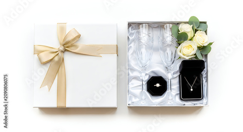 Elegant wedding gift set with champagne flutes and jewelry