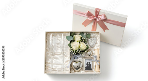 Wedding gift set with champagne flutes and decorative accessories