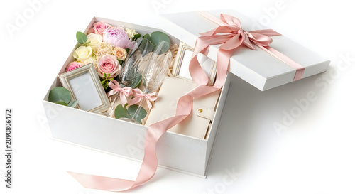 Luxury gift box with flowers frames and champagne for special occasions