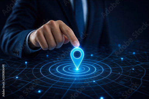 Businessman touching glowing blue location pin on digital map interface with concentric circles for location tracking and geolocation technology concept