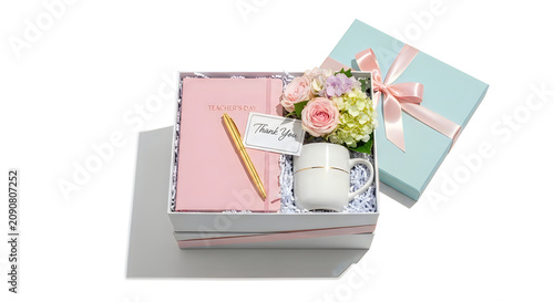 Teacher's day gift box with flowers mug and journal