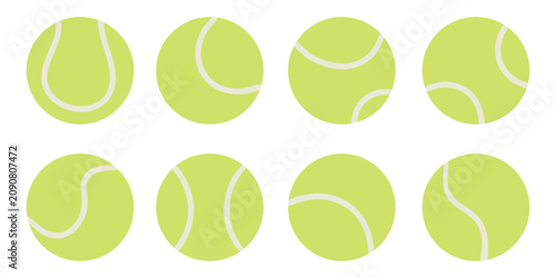 Konstfotografi Set of eight bright green tennis ball icons showing different white seam lines and curvature styles