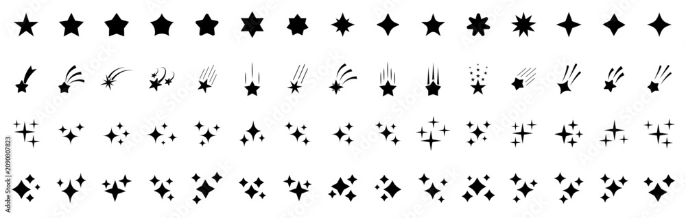 Fototapeta premium Stars icon collection. Different star shapes. Black stars icon set. Sparkle star icon set. Falling stars . Vector illustration