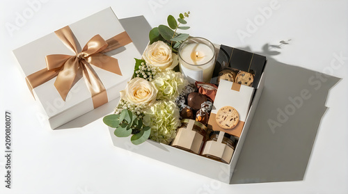 Luxury gift box with roses candle and gourmet treats top view