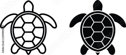 Bild auf Leinwand Sea turtle vector icon set with minimalist linear outline and solid glyph silhou