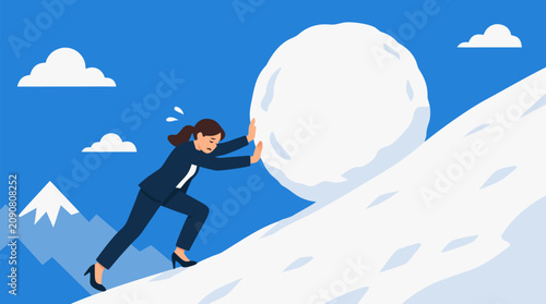 Exhausted businesswoman pushing a giant snowball up a steep winter hill, workplace pressure and impossible challenge vector illustration for burnout, resilience, ambition, and career struggle