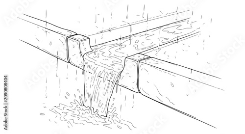 Принти на полотні Rainwater flowing through concrete channels and downspouts, illustration
