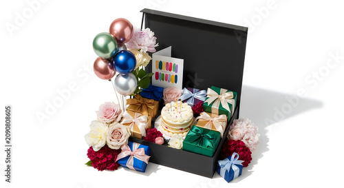 Luxury gift box with cake balloons and floral arrangement