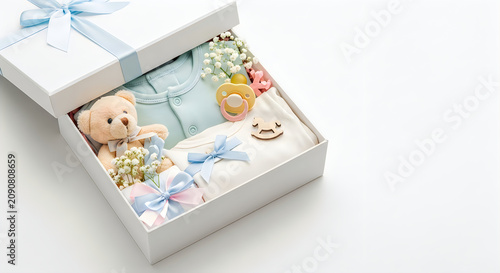 Baby gift box with onesie teddy bear and accessories