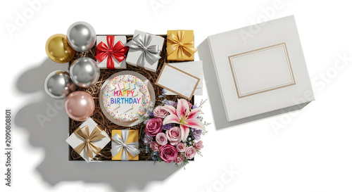 Birthday celebration gift box with cake and flowers