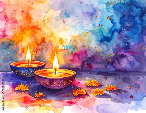 A vibrant watercolor illustration displays two lit oil lamps on a reflective surface, complemented by flower details and colorful splashes