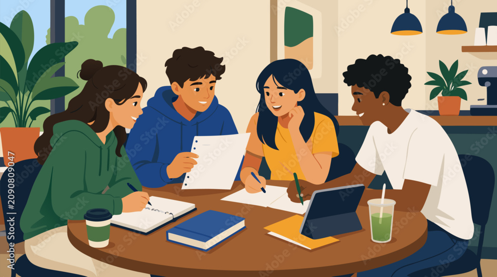 Obraz premium Diverse teen study group shares notes, tablets, and notebooks around a cozy cafe table, collaborative learning vector for tutoring, exam prep, friendship, teamwork, and modern student life