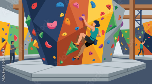 Indoor bouldering gym vector illustration with athletic climber scaling colorful overhang wall, bright holds, thick safety mats, spotters, modern fitness training and adventure sport energy