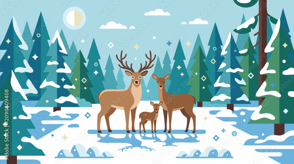 Naklejka premium Peaceful deer family in a sparkling snowy forest clearing, elegant stag, doe and fawn among frosted pines, moonlit woodland magic, cozy winter wildlife vector illustration for seasonal greeting cards